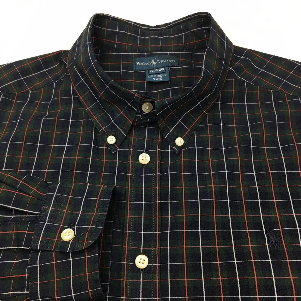 Ralph Lauren Shirt Boys XL (18-20) Navy Blue/Hunter Green Check Long Sleeves